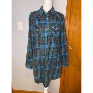The Nu Vintage Blue Green Plaid Flannel Western Shirt Dress Cotton Large USA